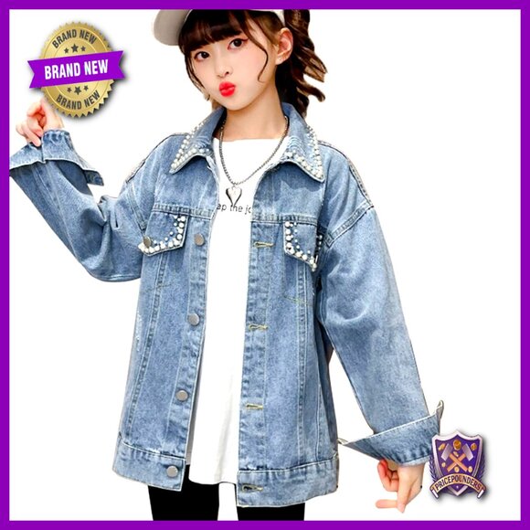Oversized Denim Trucker Jacket Y2K Chic Button Down Pearl Details Girls